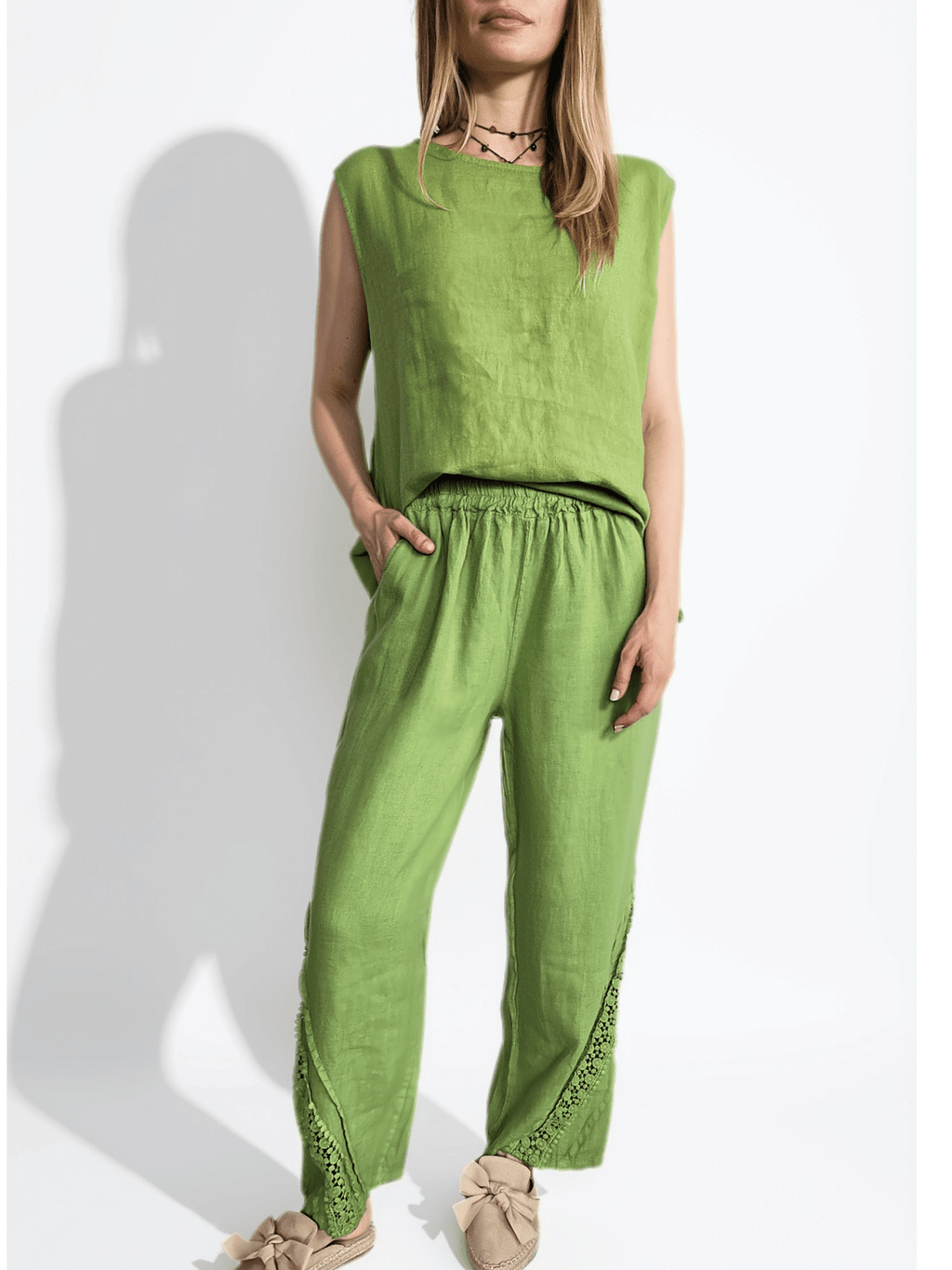 Pantalón Italiano 100% Lino, con Bordado, color Pistacho