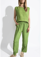 Pantalón Italiano 100% Lino, con Bordado, color Pistacho