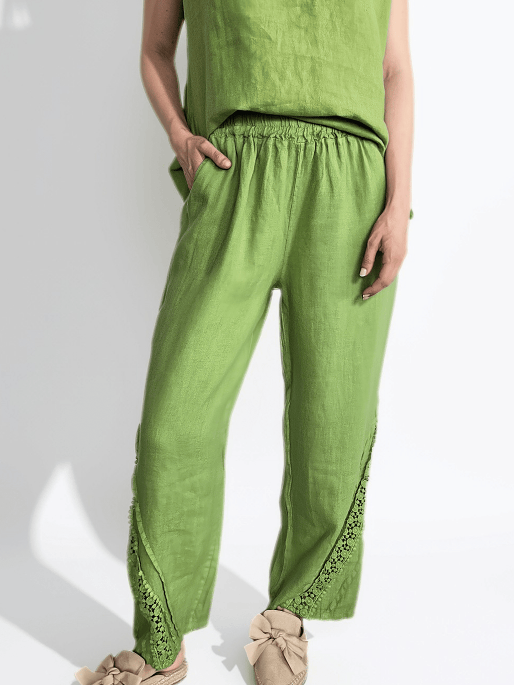 Pantalón Italiano 100% Lino, con Bordado, color Pistacho