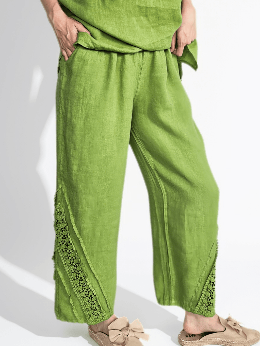 Pantalón Italiano 100% Lino, con Bordado, color Pistacho