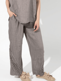 Pantalón Italiano 100% Lino, con Bordado, color Taupe