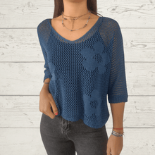 Cargar imagen en el visor de la galería, Sweater Italiano con flores, color azul jeans
