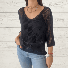 Cargar imagen en el visor de la galería, Sweater Italiano con flores, color negro
