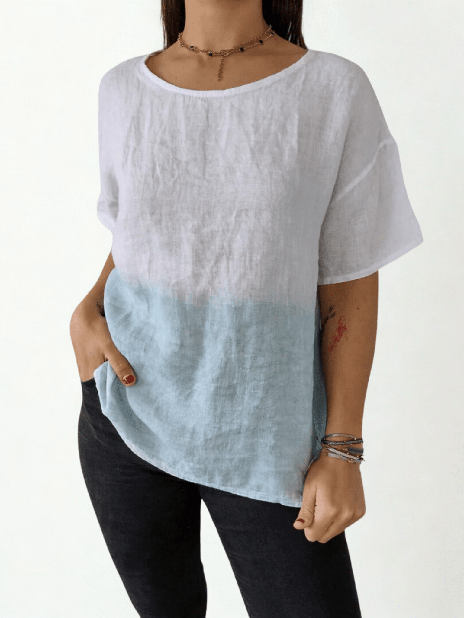 Blusa de lino Italiano degrade, blanco con turquesa