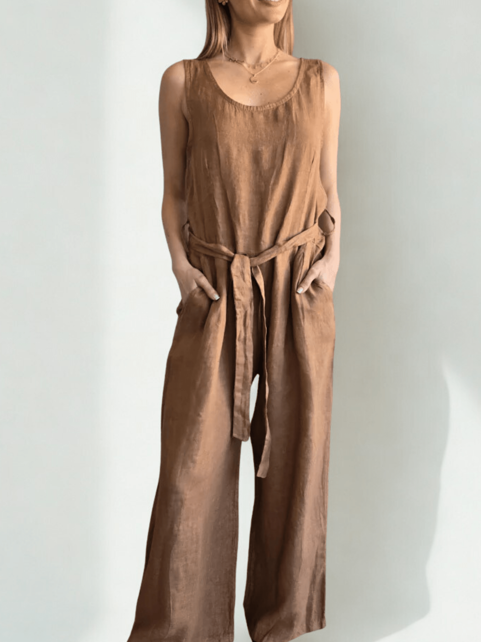 Enterito 100% Lino Italiano sin mangas, color Camel