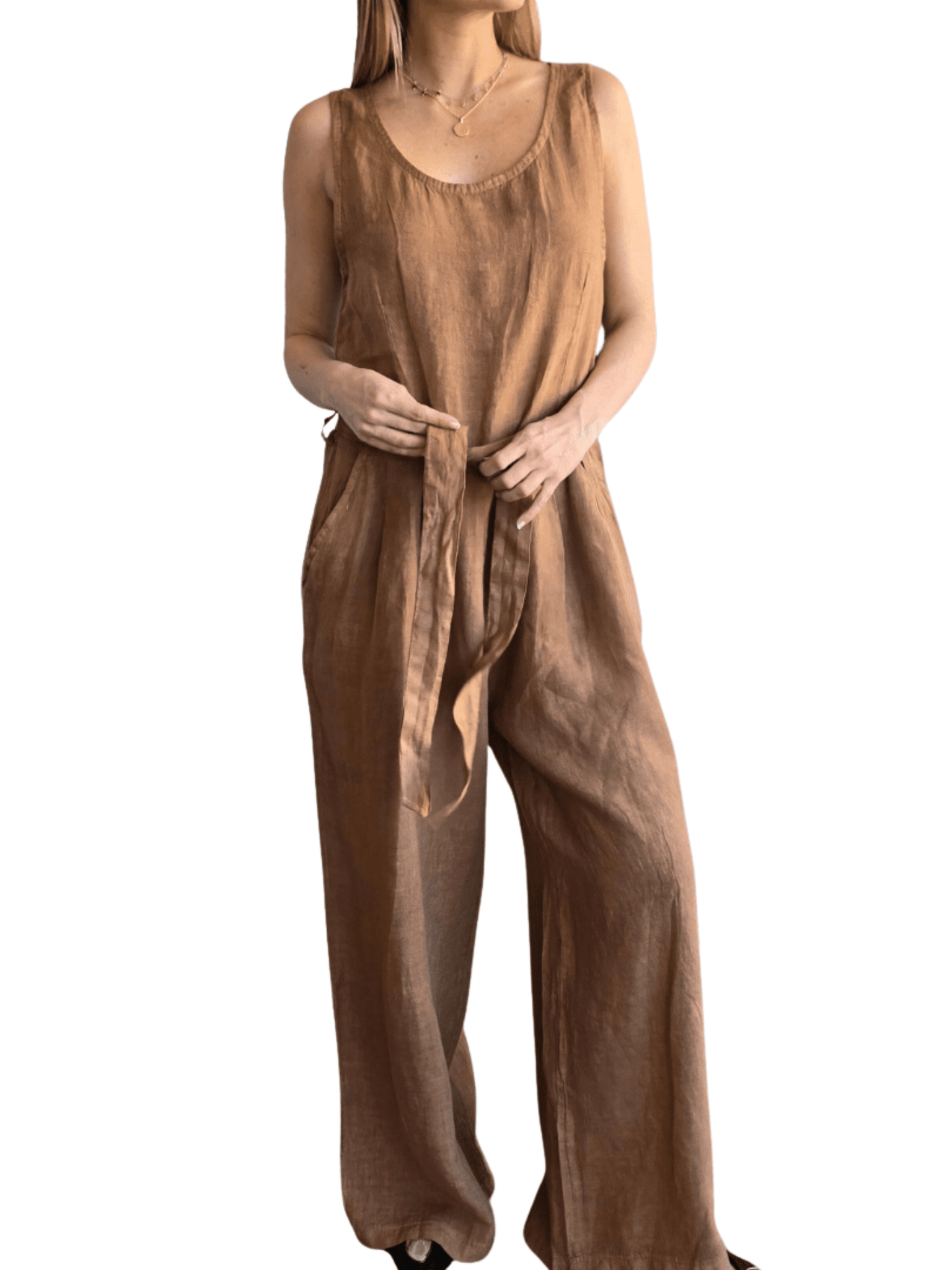 Enterito 100% Lino Italiano sin mangas, color Camel