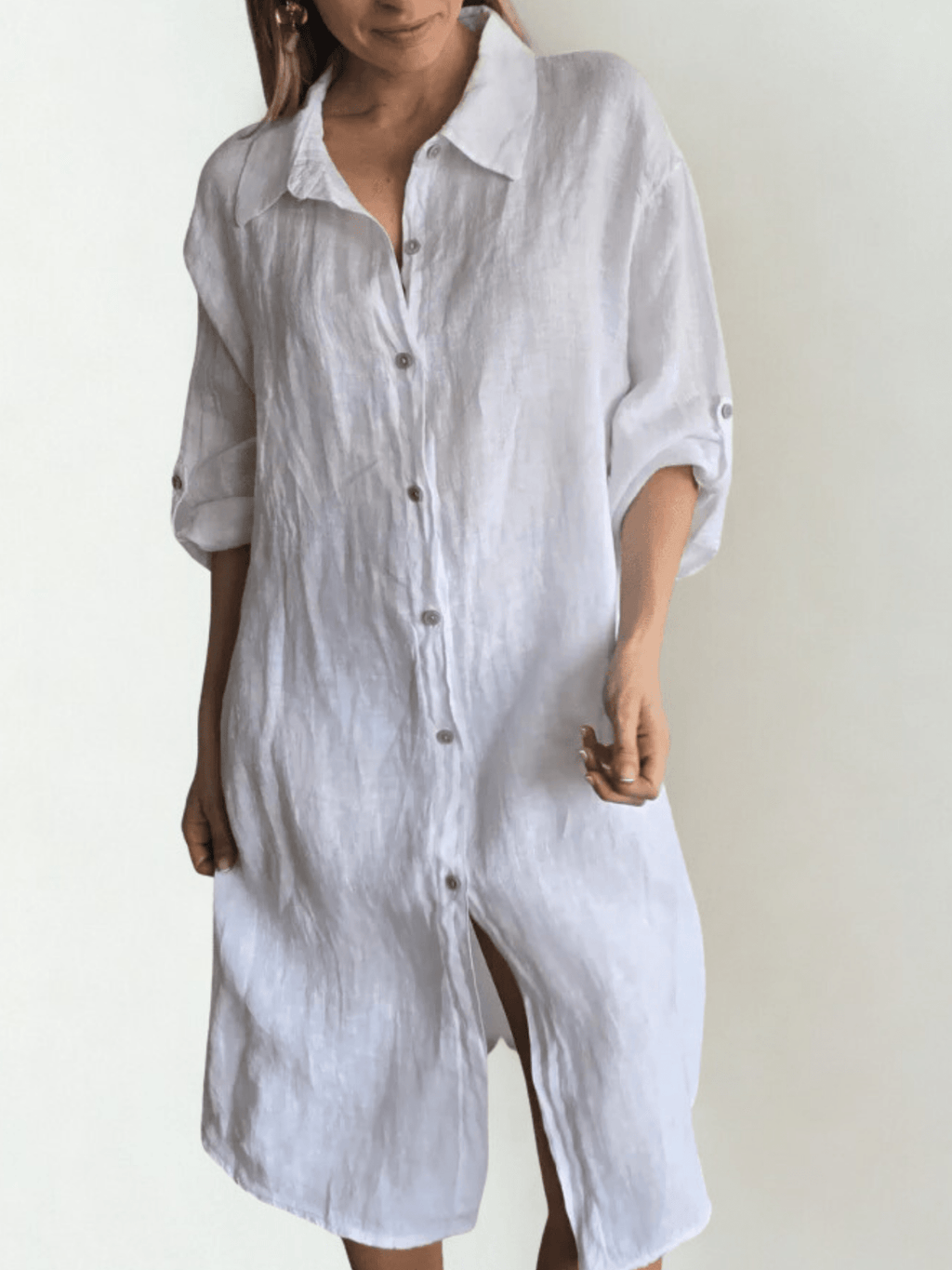 Vestido de lino Italiano, abotonado, color Blanco