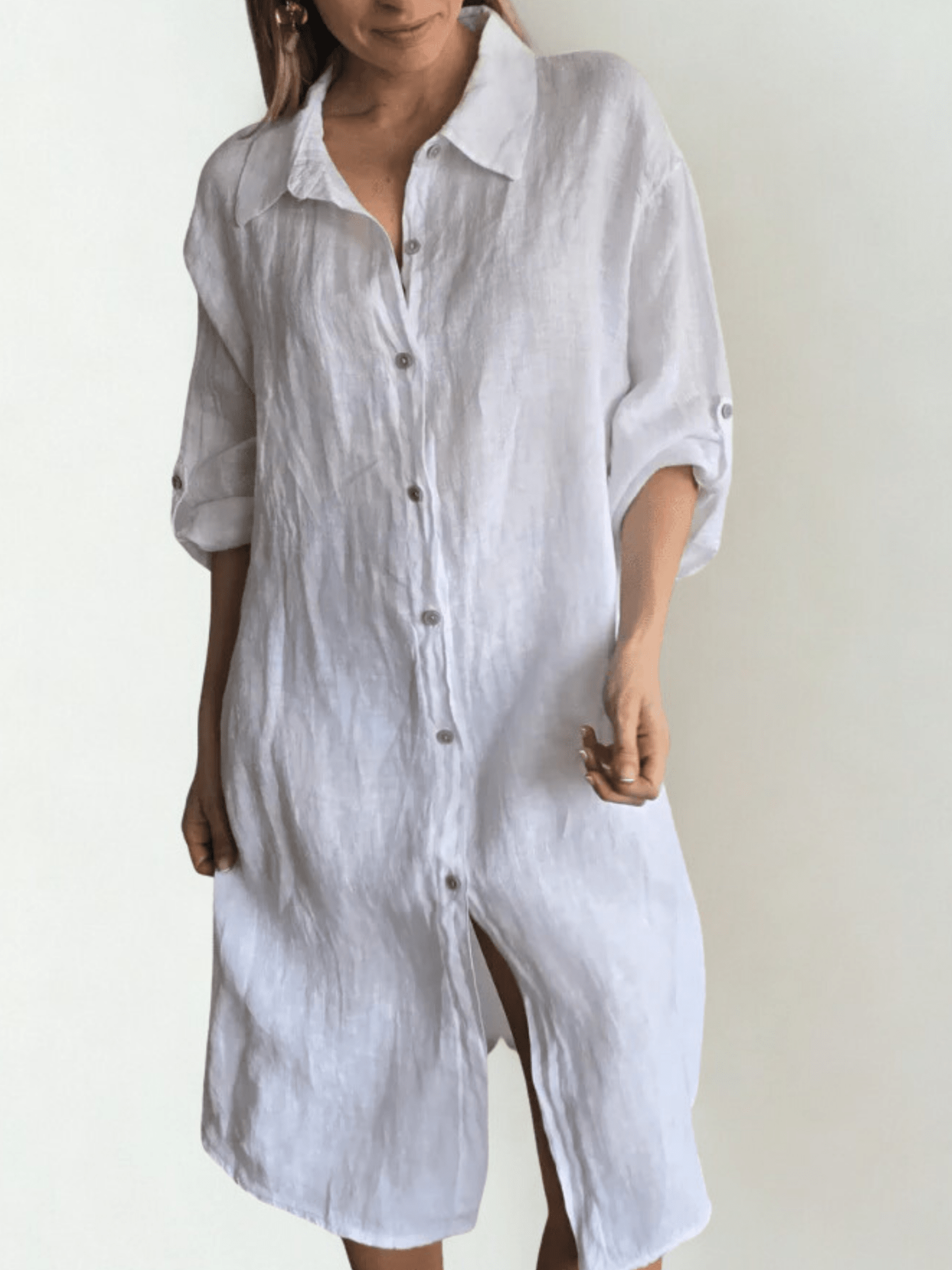 Vestido de lino Italiano, abotonado, color Blanco