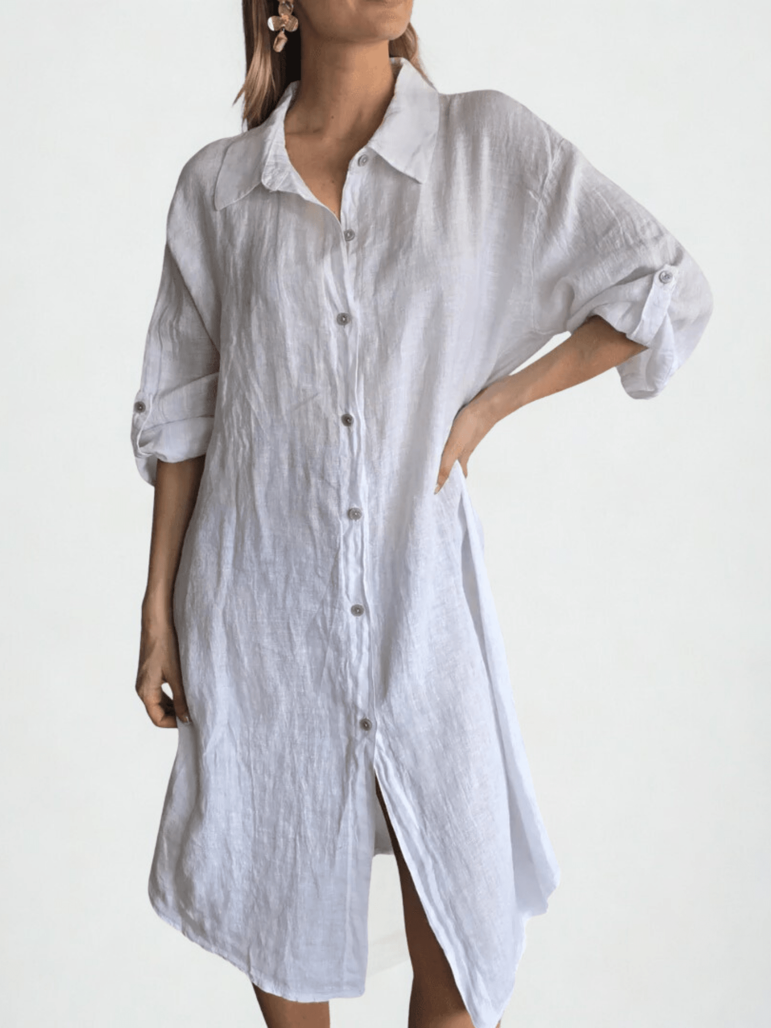 Vestido de lino Italiano, abotonado, color Blanco