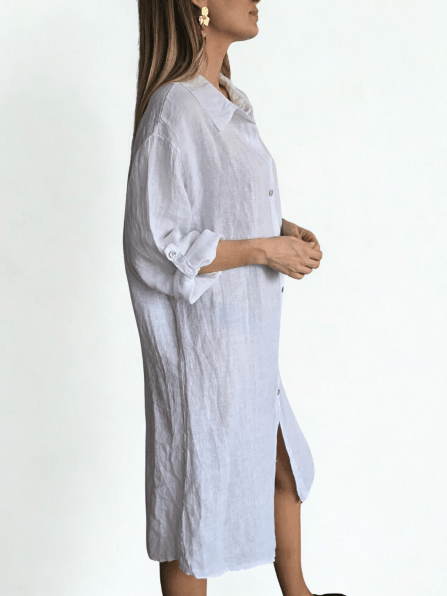 Vestido de lino Italiano, abotonado, color Blanco