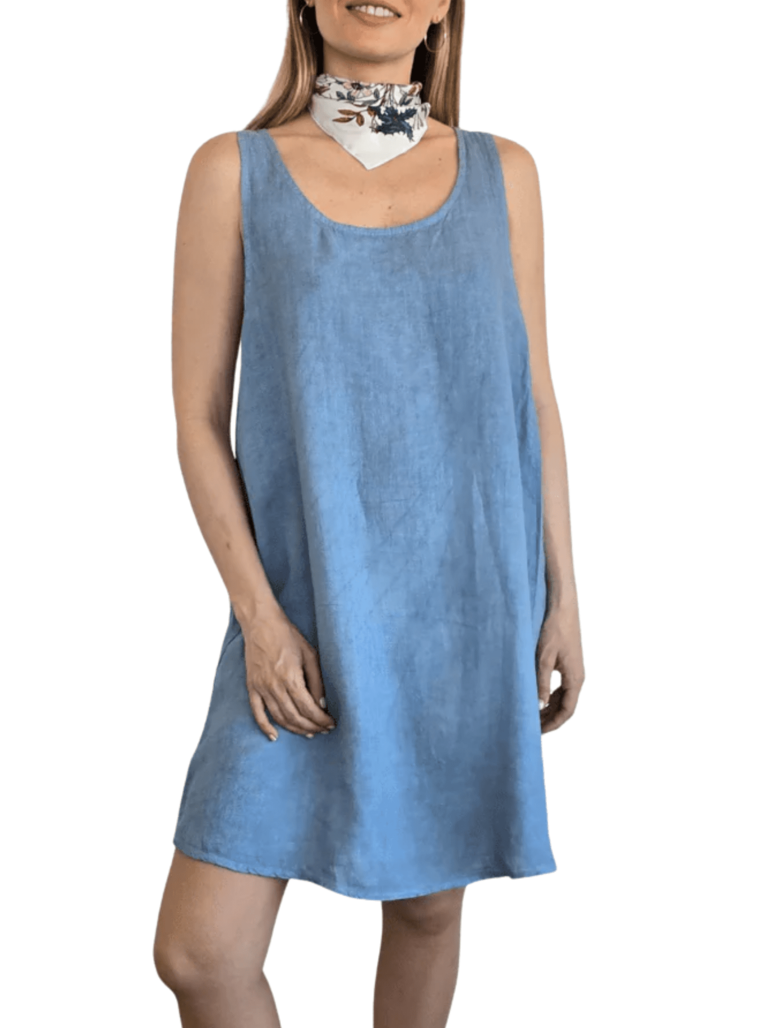 Vestido de Lino Italiano sin mangas, color Celeste