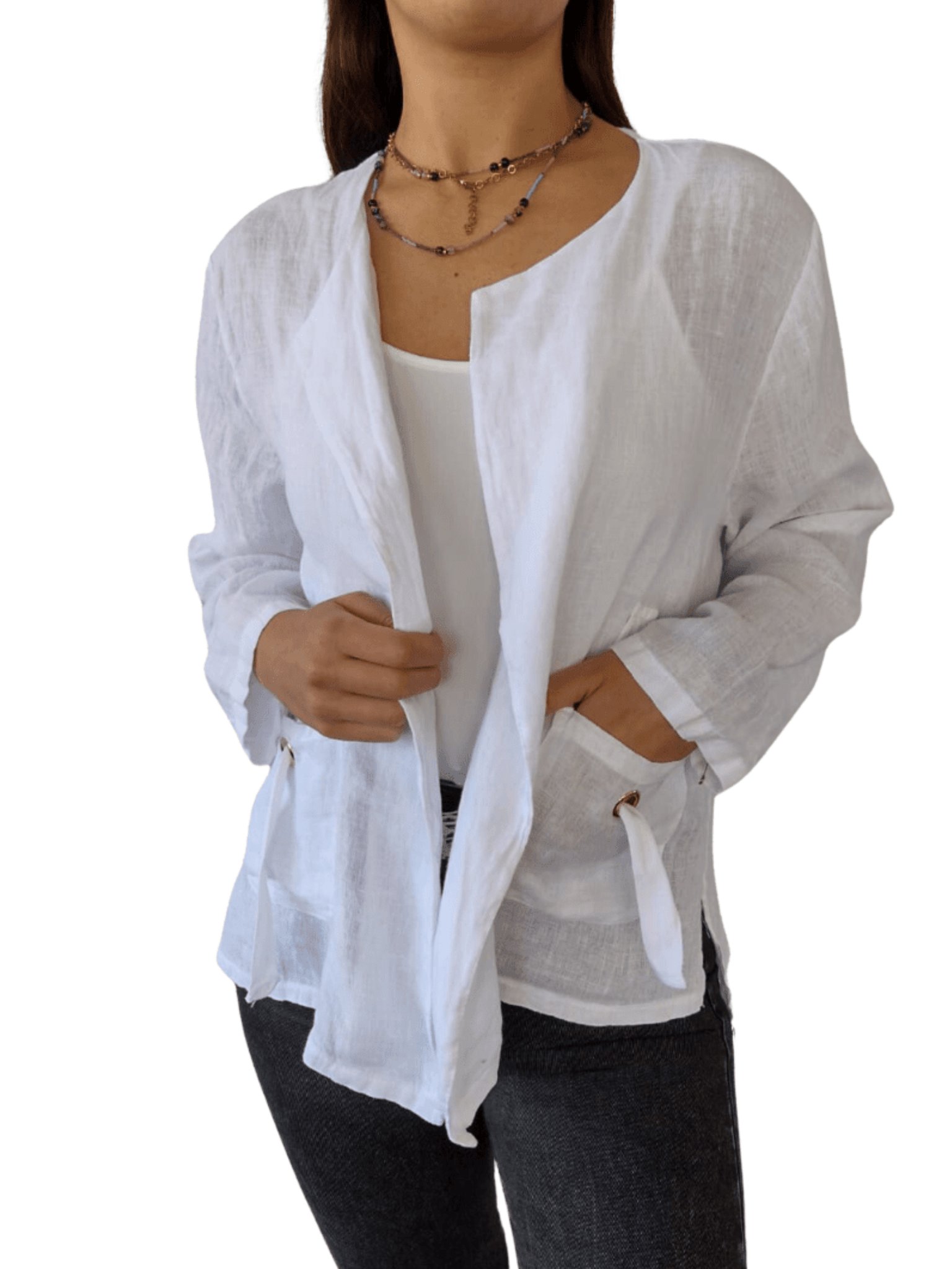 Chaqueta de lino Italiano con ojetillo en el bolsillo, color blanco