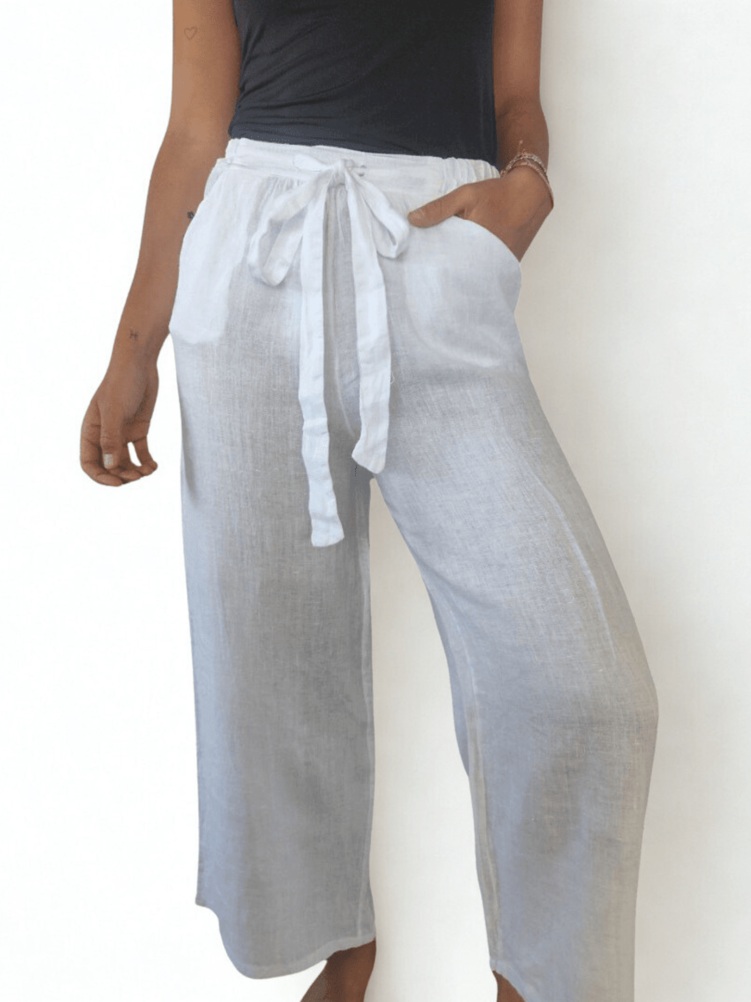 Pantalon de Lino Italiano con lazo en la cintura, color blanco
