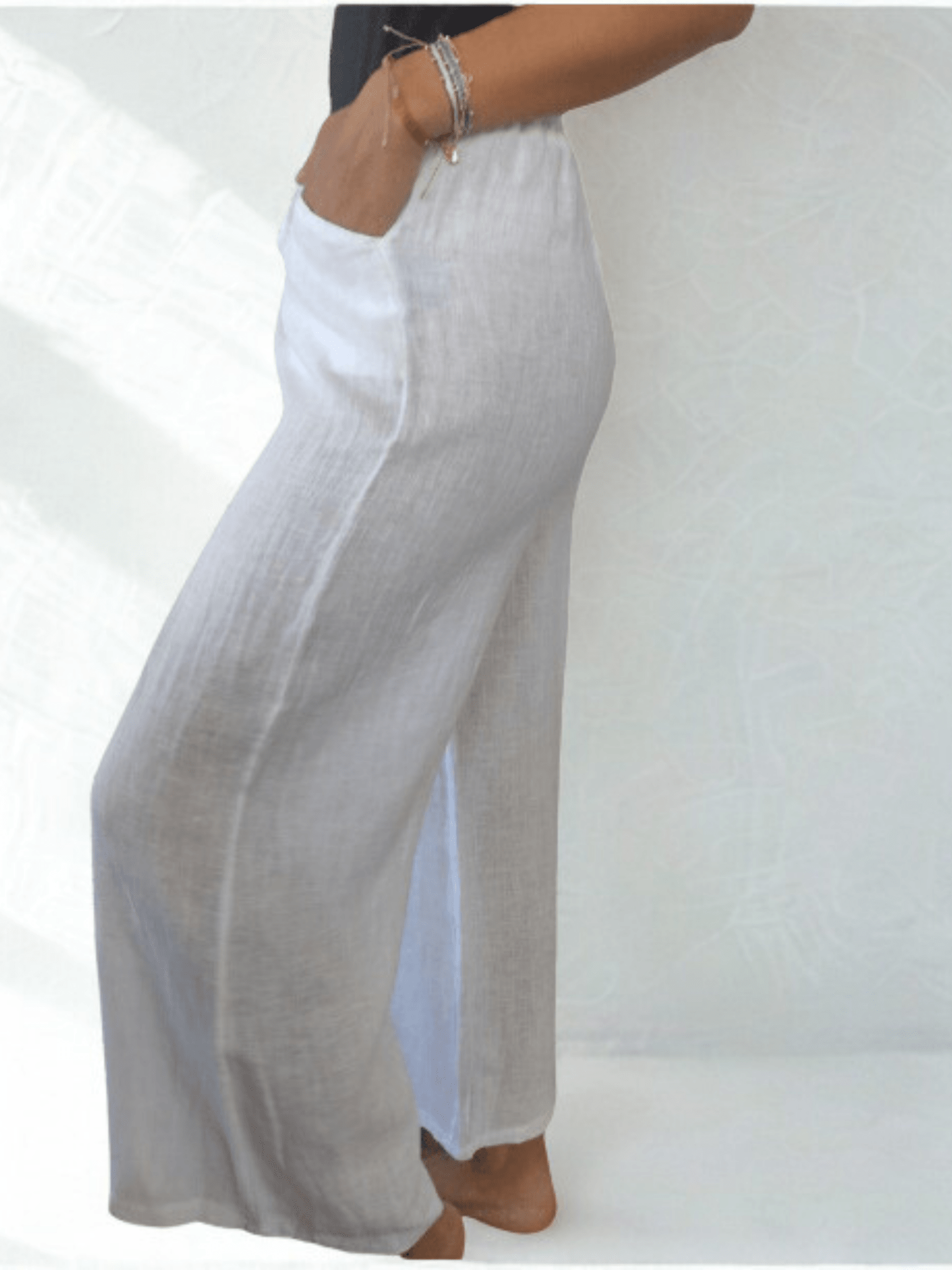 Pantalon de Lino Italiano con lazo en la cintura, color blanco