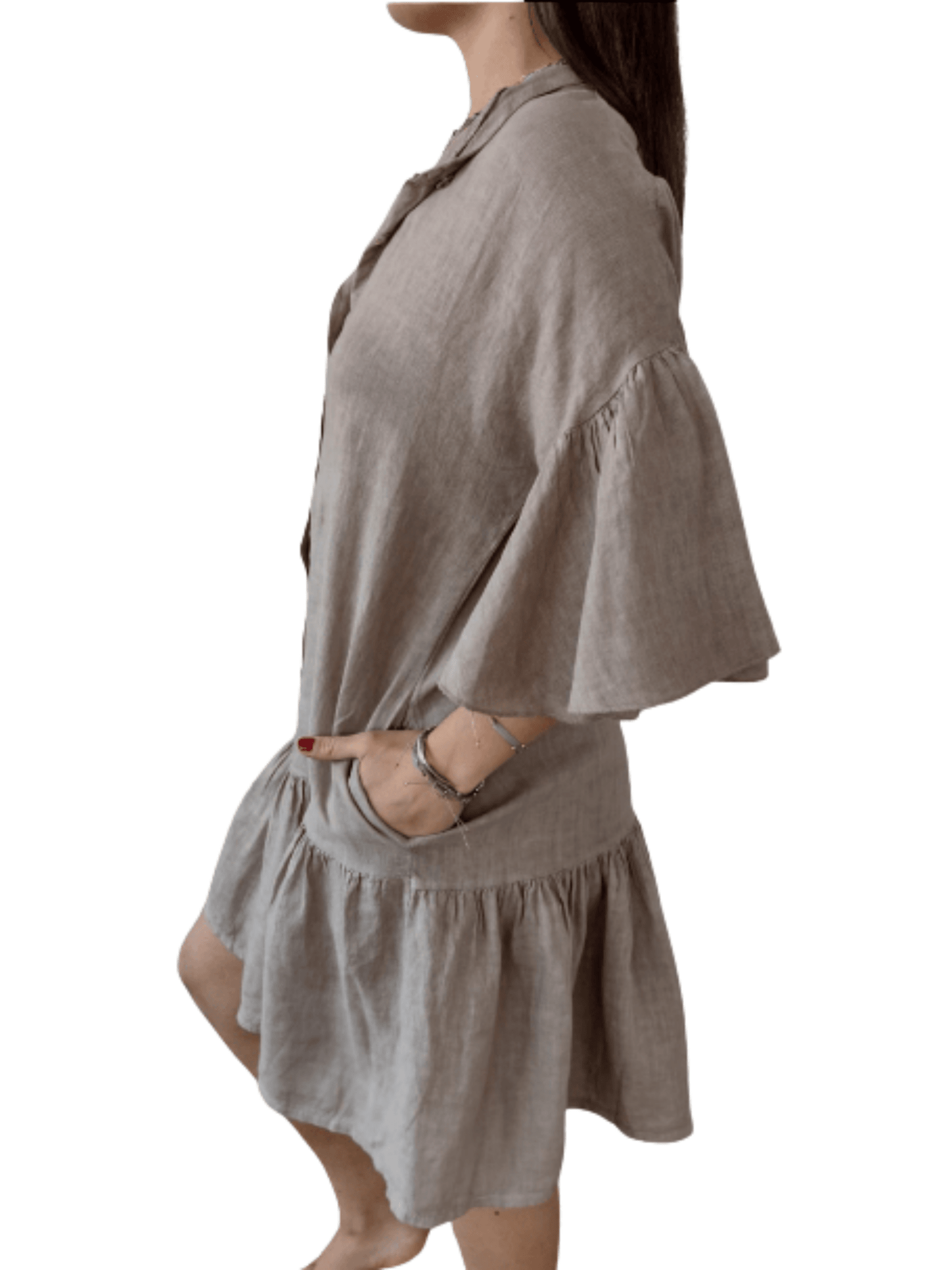 Vestido de lino Italiano con vuelos, color taupe