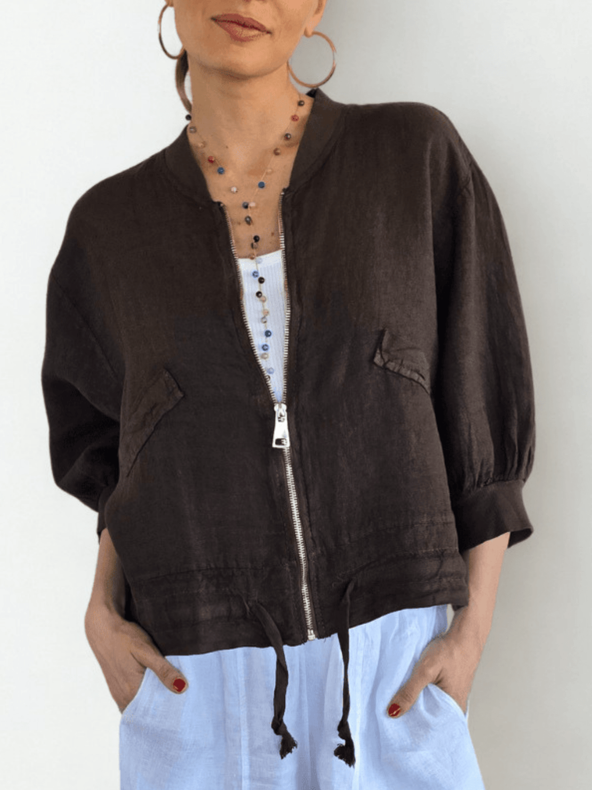 Chaqueta Bomber Italiana 100% Lino, color Chocolate