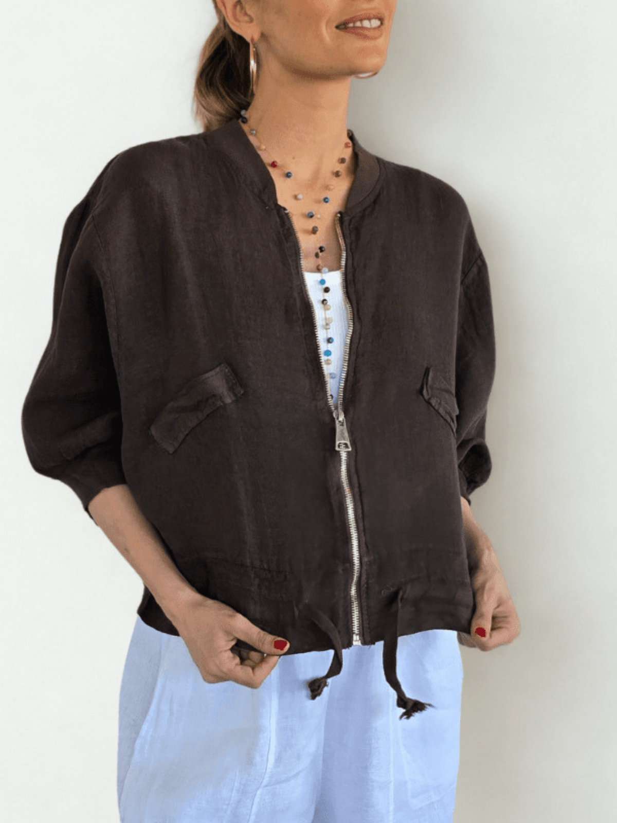 Chaqueta Bomber Italiana 100% Lino, color Chocolate