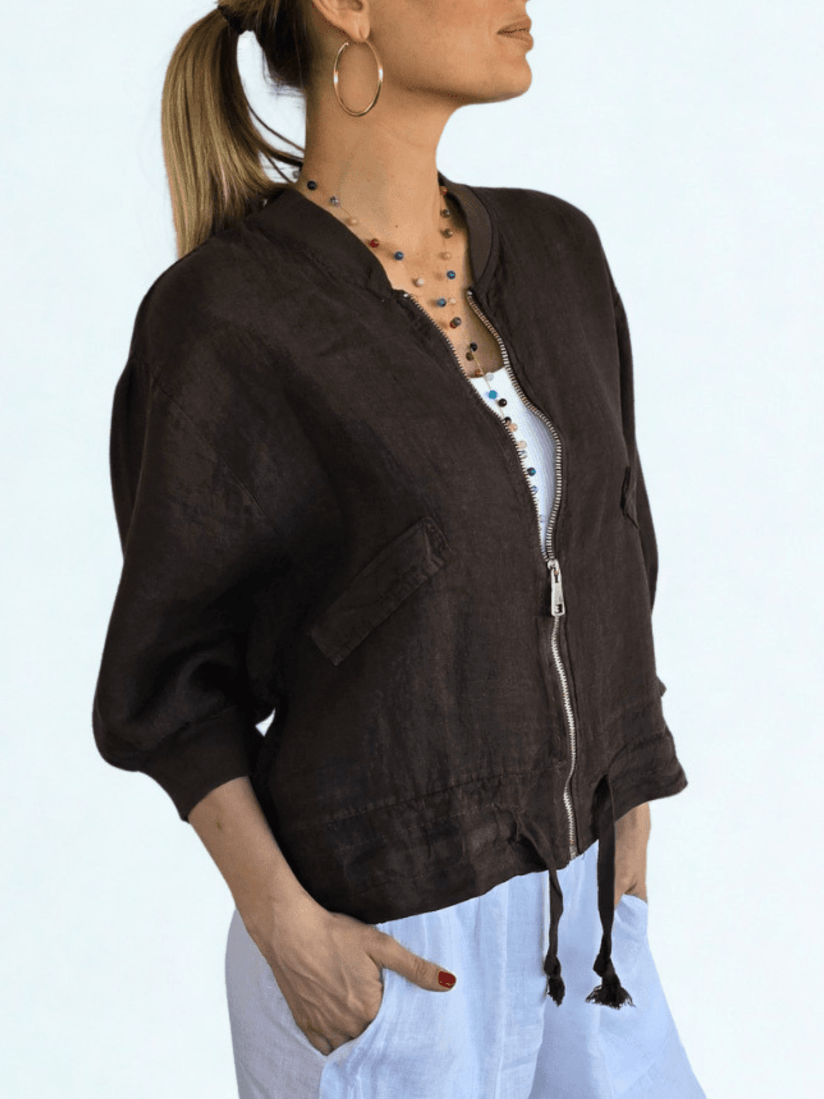 Chaqueta Bomber Italiana 100% Lino, color Chocolate