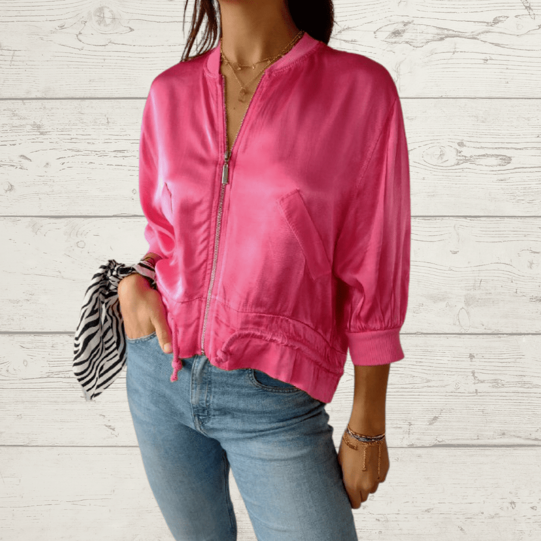 Chaqueta Italiana de raso, con cierre, color fucsia