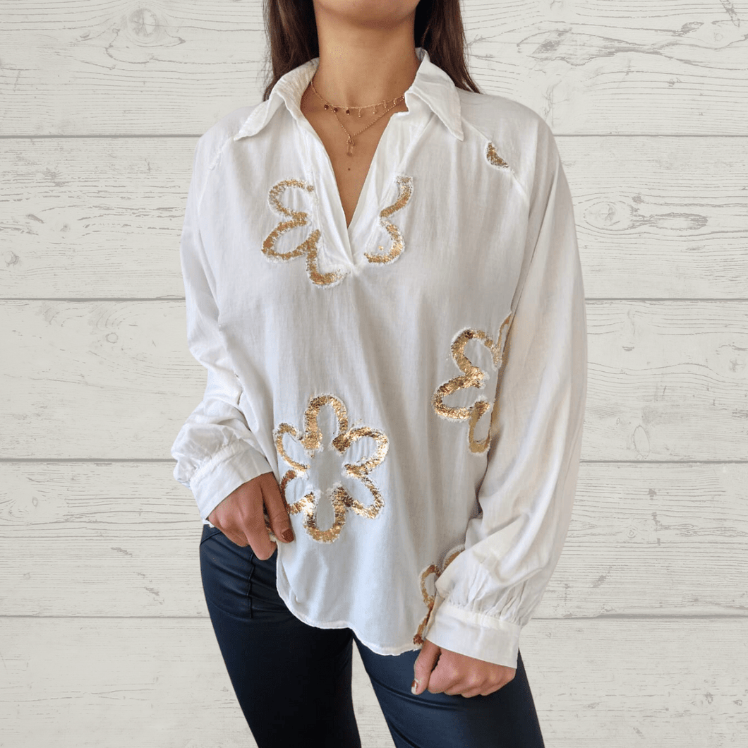 Blusa Italiana con flores estampadas, color blanco