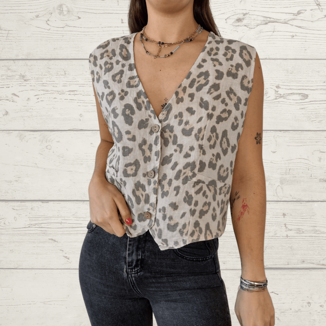 Blusa gillette lino Italiano animal print, fondo beige