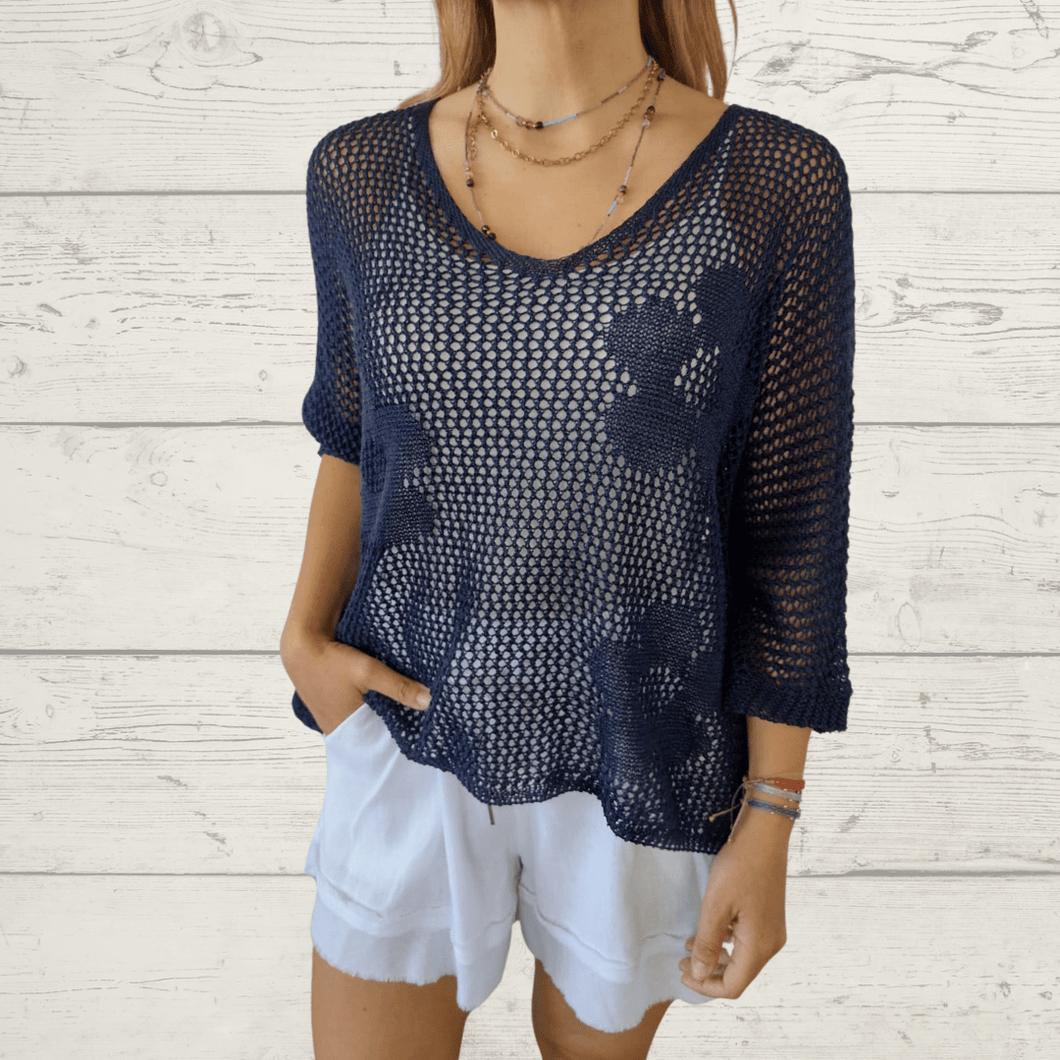 Sweater Italiano con flores, color azul marino