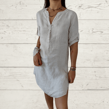 Cargar imagen en el visor de la galería, Vestido Italiano de lino con pasamanería, color beige
