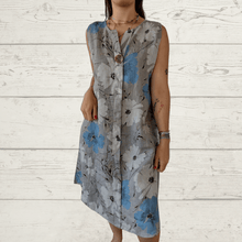 Cargar imagen en el visor de la galería, Vestido de lino Italiano estampado un botón, fondo taupe
