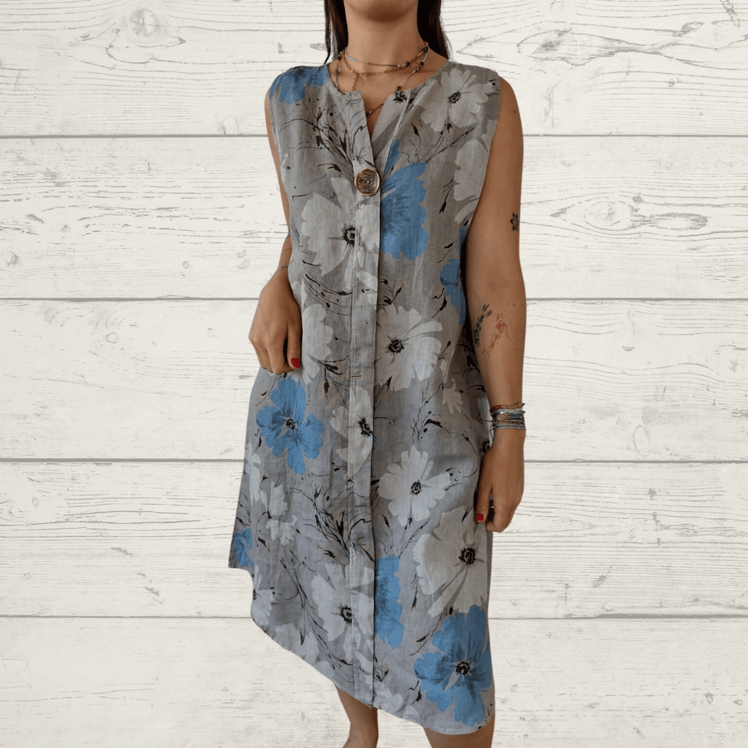 Vestido de lino Italiano estampado un botón, fondo taupe