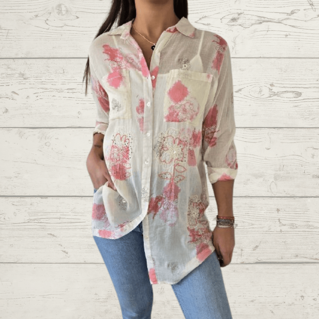 Blusa Indú bordada, color blanco invierno con rosados