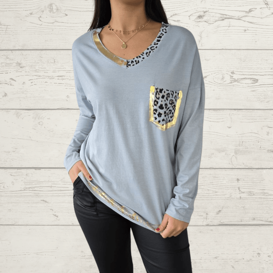 Polera Italiana detalles Print, fondo Celeste