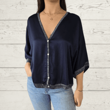 Cargar imagen en el visor de la galería, Blusa Italiana tipo Kimono, color Azul Marino
