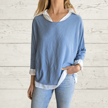 Cargar imagen en el visor de la galería, Sweater Italiano con Blusa Blanca, color Celeste
