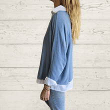 Cargar imagen en el visor de la galería, Sweater Italiano con Blusa Blanca, color Celeste
