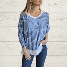 Cargar imagen en el visor de la galería, Sweater Italiano estampado con polera blanca, fondo Celeste
