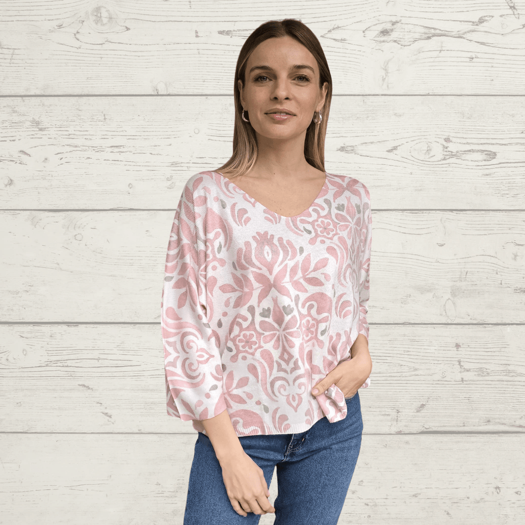 Sweater Italiano estampado geométrico, fondo Blanco con Rosado