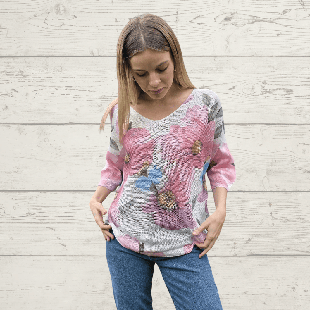 Sweater Italiano estampado flores grandes, fondo Blanco con Rosado