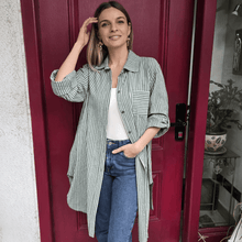 Cargar imagen en el visor de la galería, Blusa/ Vestido Italiano Rayado, color Verde con beige
