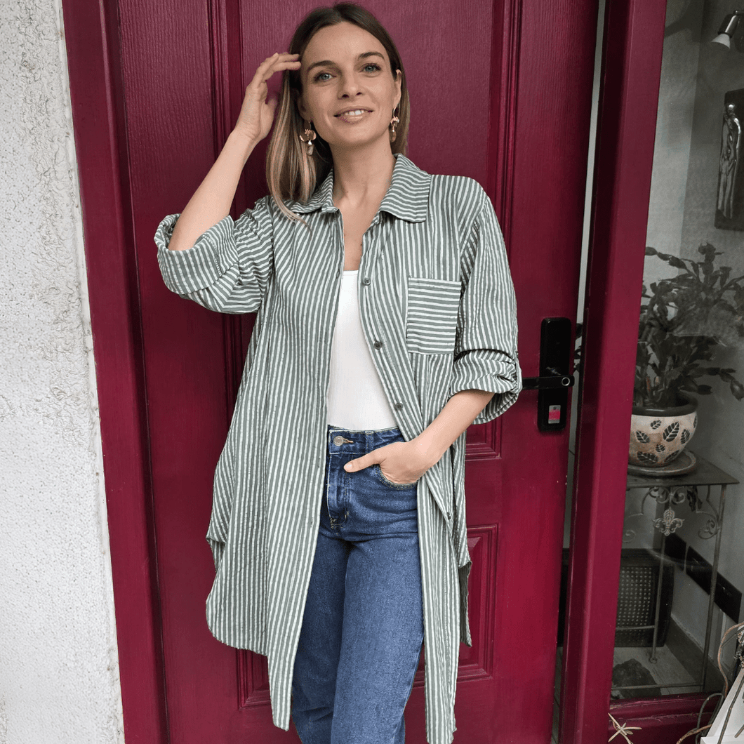 Blusa/ Vestido Italiano Rayado, color Verde con beige
