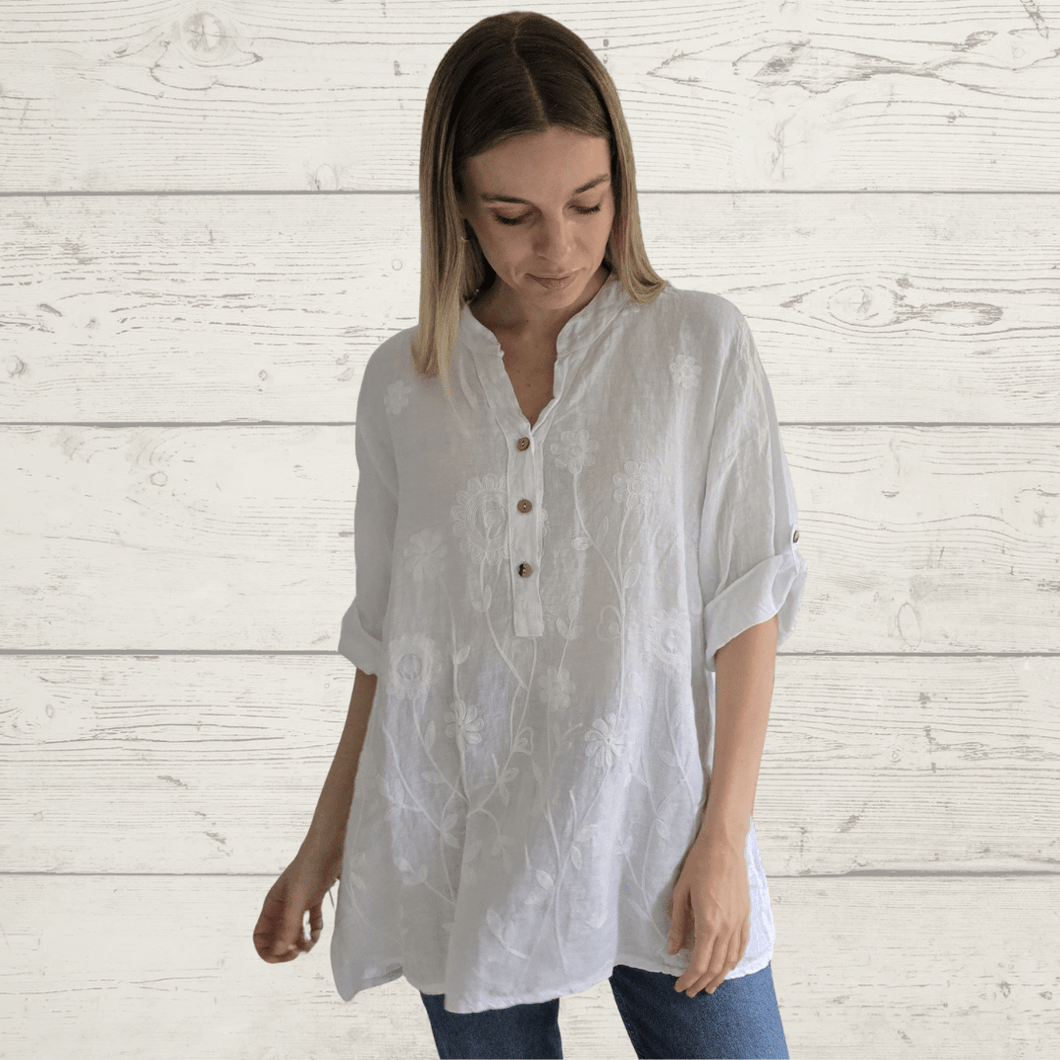 Blusa de Lino Italiano bordada, color Blanco
