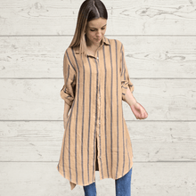 Cargar imagen en el visor de la galería, Vestido 100% Lino Italiano Rayado, color Camel con Azul
