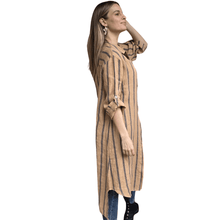 Cargar imagen en el visor de la galería, Vestido 100% Lino Italiano Rayado, color Camel con Azul
