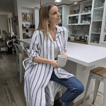 Cargar imagen en el visor de la galería, Vestido 100% Lino Italiano rayado, color Blanco con Azul
