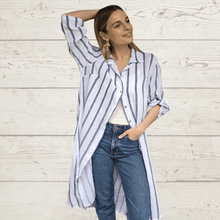 Cargar imagen en el visor de la galería, Vestido 100% Lino Italiano rayado, color Blanco con Azul
