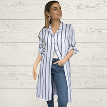 Cargar imagen en el visor de la galería, Vestido 100% Lino Italiano rayado, color Blanco con Azul
