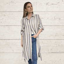 Cargar imagen en el visor de la galería, Vestido 100% Lino Italiano Rayado, color Beige con Azul
