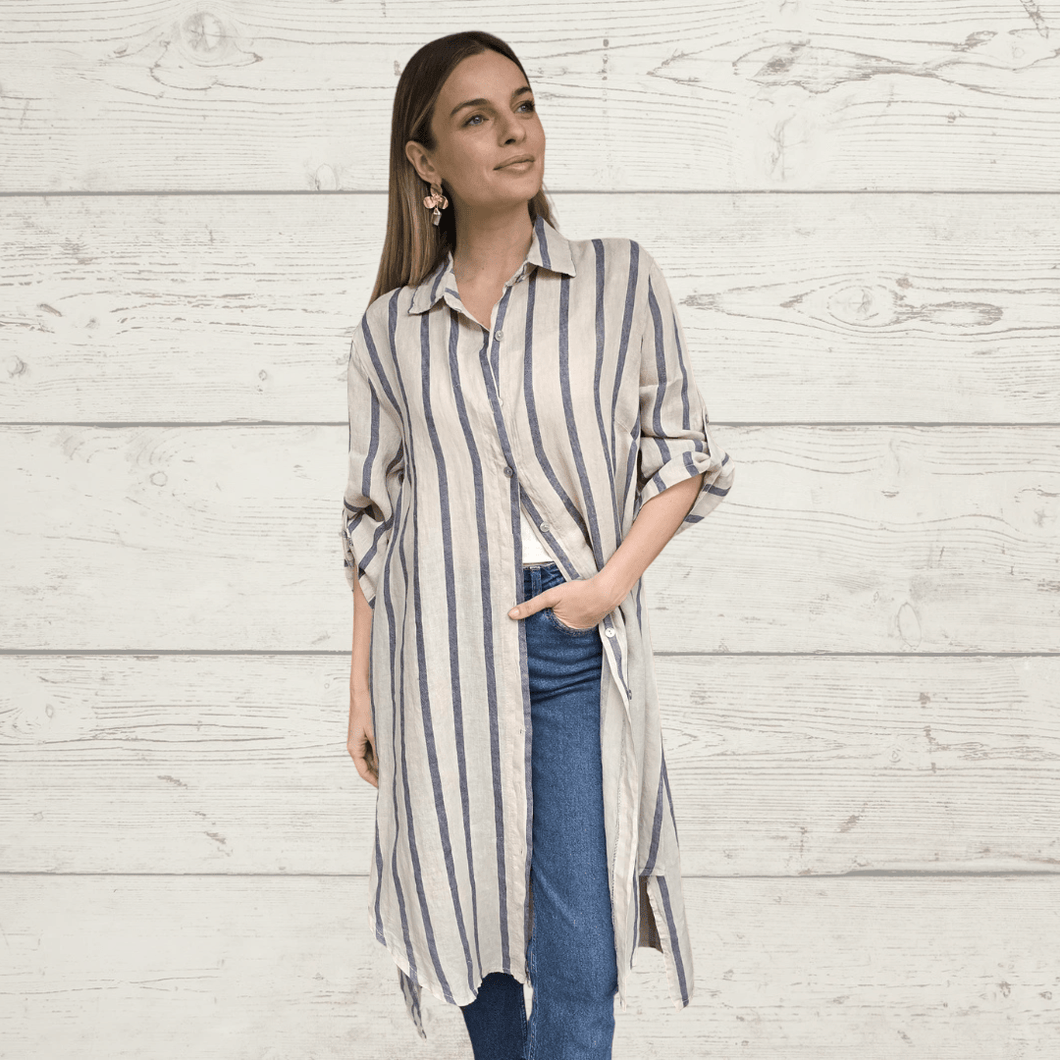Vestido 100% Lino Italiano Rayado, color Beige con Azul