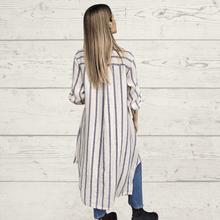 Cargar imagen en el visor de la galería, Vestido 100% Lino Italiano Rayado, color Beige con Azul
