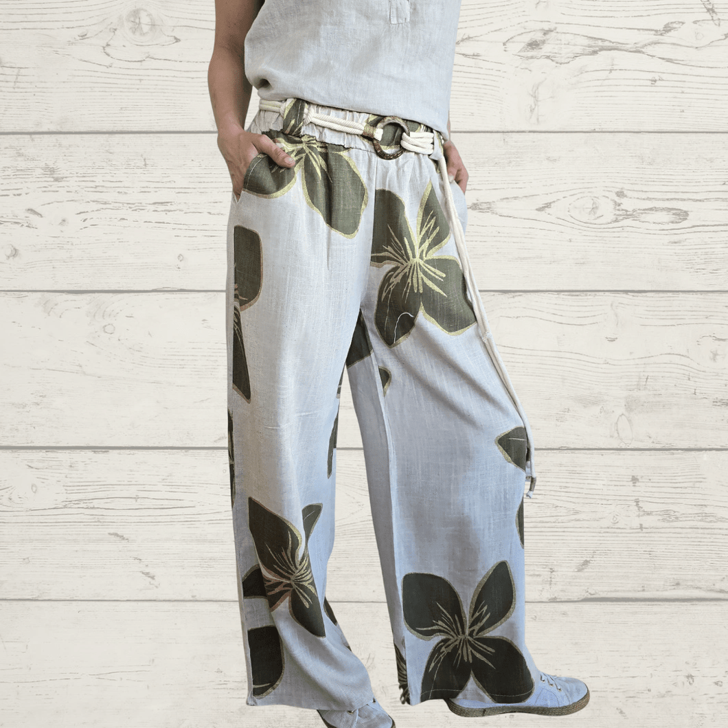 Pantalón Italiano estampado, fondo Beige con verde