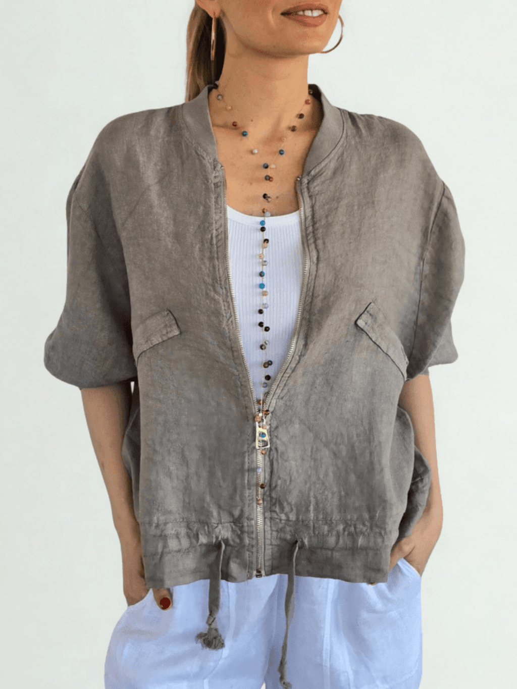 Chaqueta Bomber Italiana 100% Lino, color Taupe
